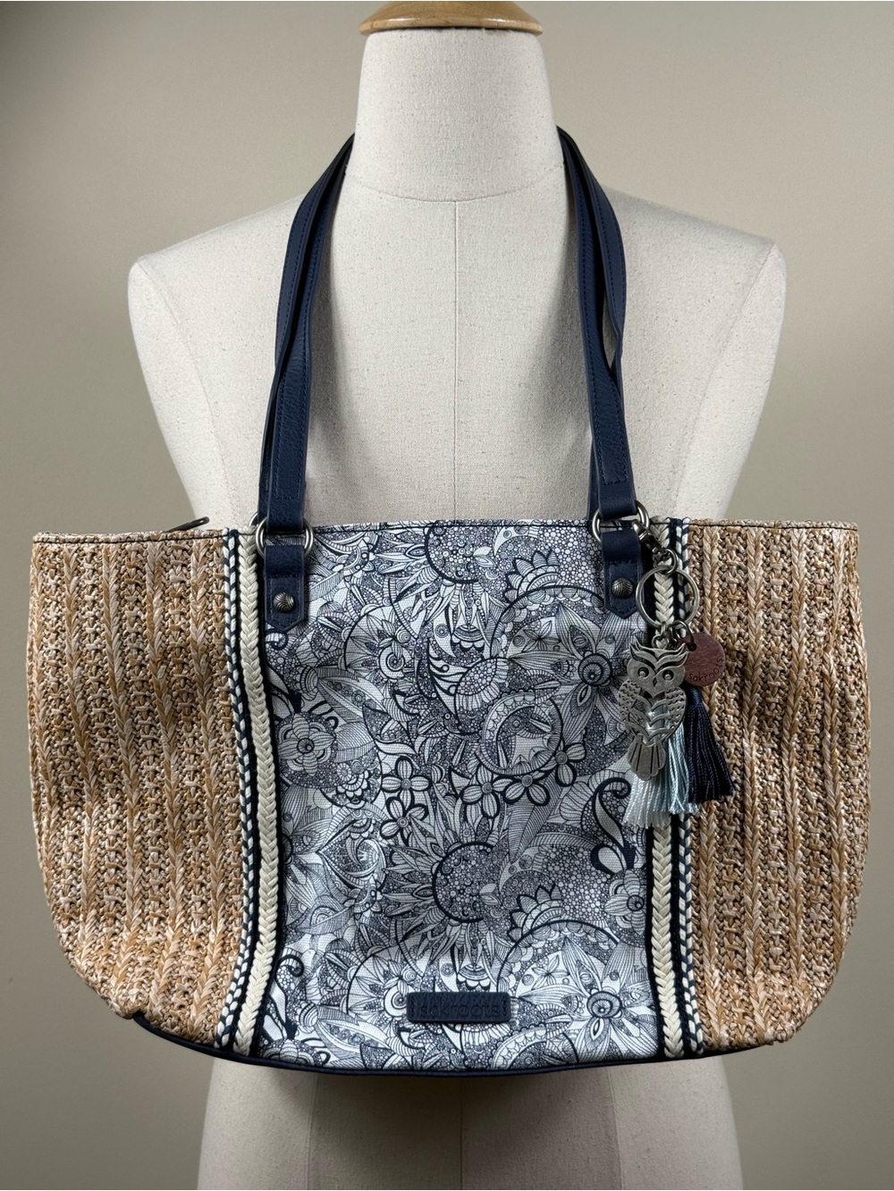 Sakroots Owl Charm Woven Straw Navy Floral Tote NWOT